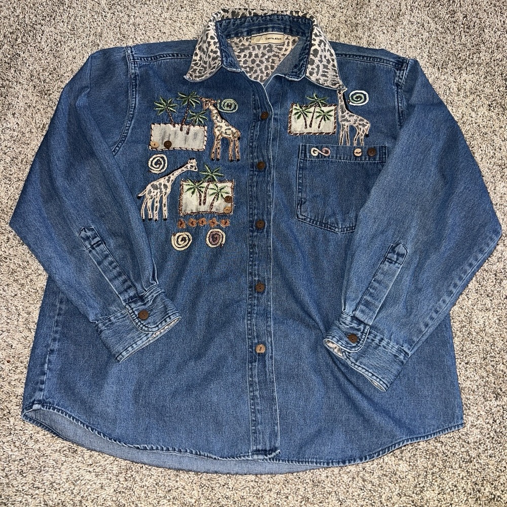 Vintage Carrie Allen Long Sleeve Denim Long Sleeve Giraffe Trees Sz XL